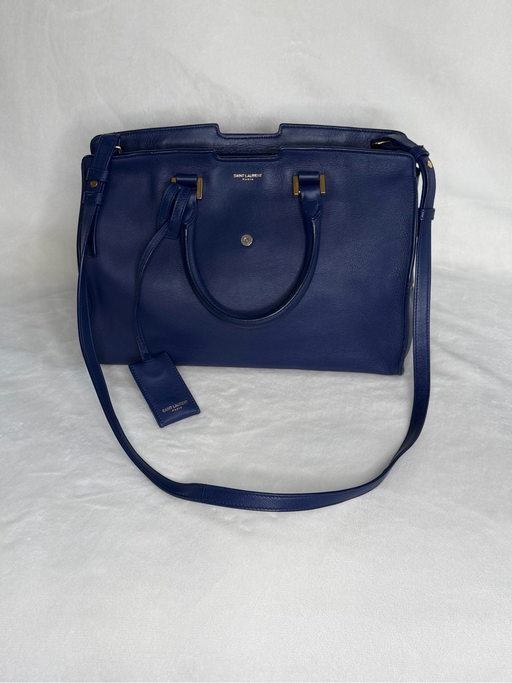 Saint Laurent Y Cabas Blue Leather Satchel with Gold Y Detail - Picture 3 of 9